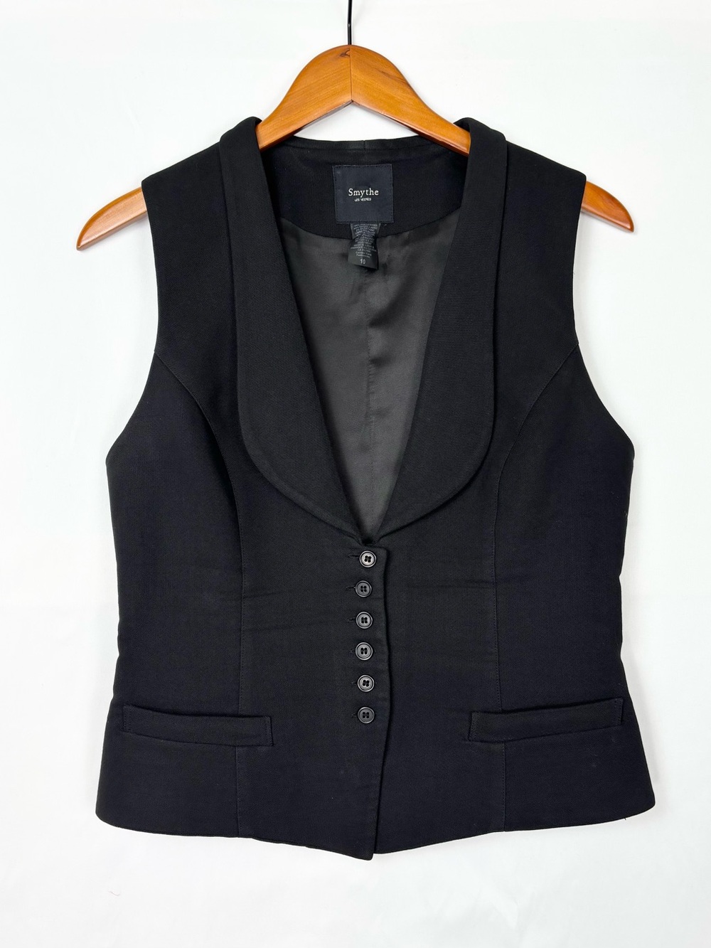 Smythe Sleeveless Vest Wool Black Size 10 Button Up V Neck